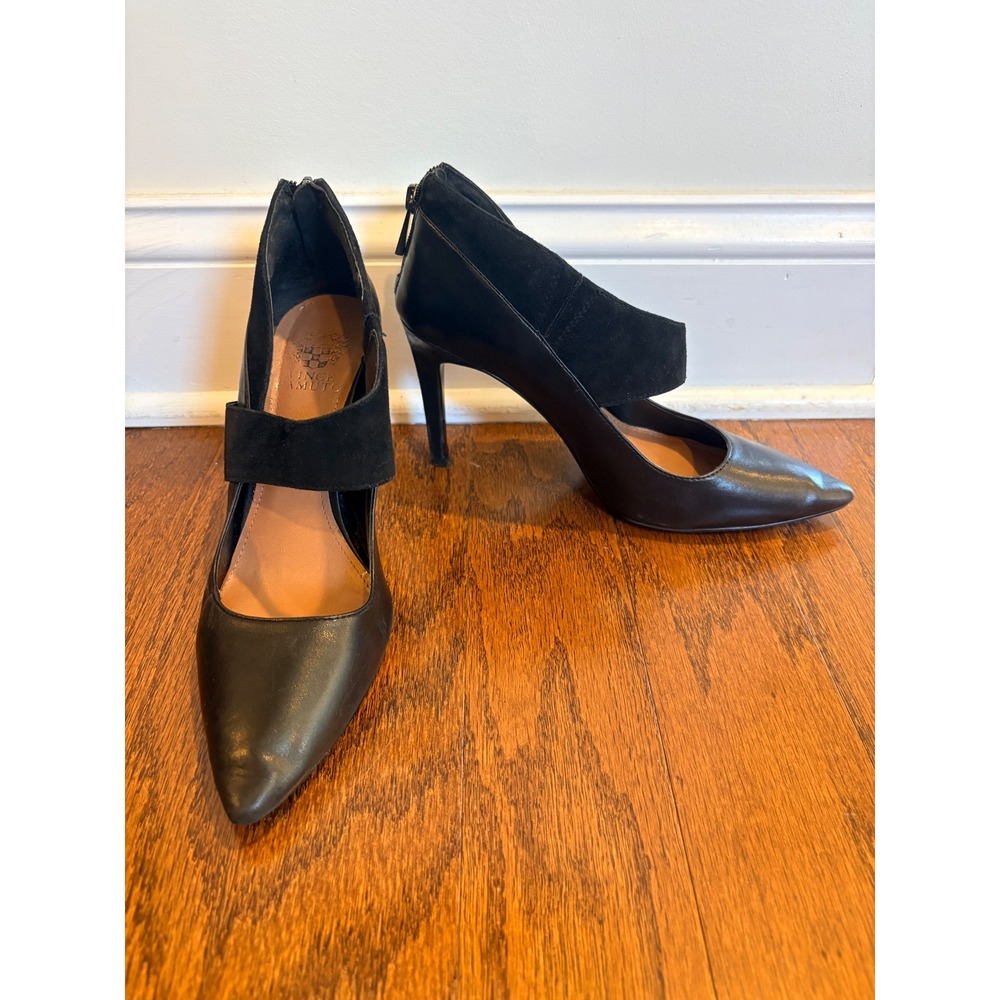 Vince Camuto Black Leather Pointed Toe Rear Zip Stiletto Heels Women 8.5M